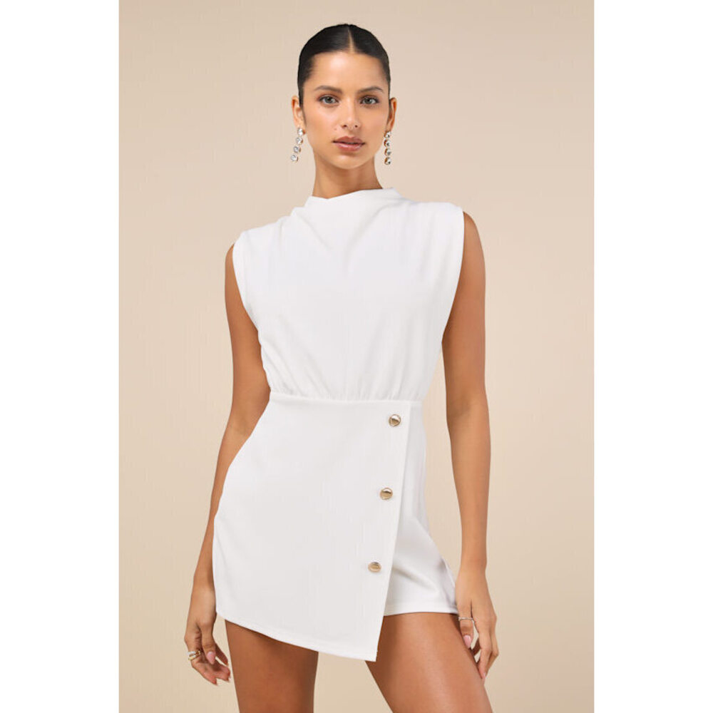 Lulus Polished Presentation White Mock Neck Sleeveless Skort Romper - Size XL